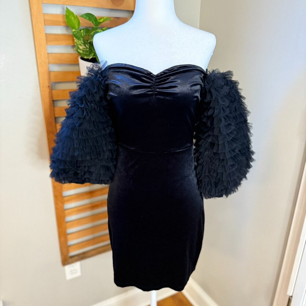 Zara Black Velvet Balloon Sleeve Velvet Bodycon  Sweetheart Mini Dress Medium